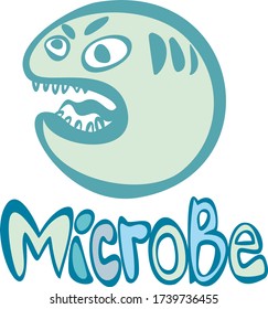 MICROB text, evil microbe image, white background, freehand drawing
