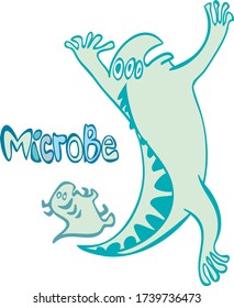MICROB text, evil microbe image, white background, freehand drawing
