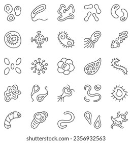 Microbe and Bacteria outline icons set - Microorganism and Virus Bioengineering concept vector line symbols