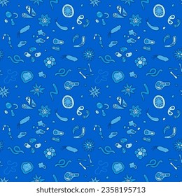 Microbe and Bacteria vector Biology or Virus Infection concept blue seamless pattern or background