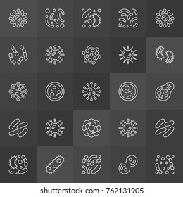 Microbe and bacteria vector outline concept icons on dark background