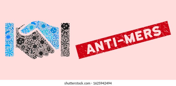 Microbe collage acquisition handshake icon and rectangle corroded stamp seal with Anti-Mers phrase. Mosaic vector is composed with acquisition handshake icon and with randomized microbe cell icons.