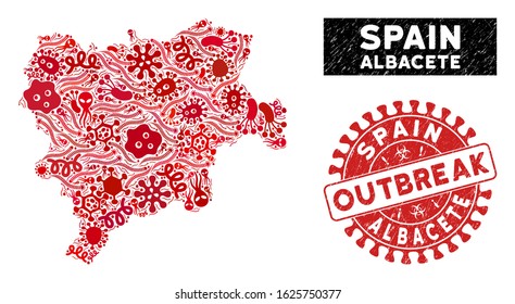 Microbe collage Albacete Province map and red grunge stamp watermark with OUTBREAK text. Albacete Province map collage created with randomized pandemic elements.