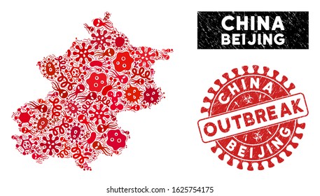 Microbe collage Beijing City map and red corroded stamp seal with OUTBREAK phrase. Beijing City map collage designed with random microbe elements. Red round OUTBREAK seal stamp with dirty texture.