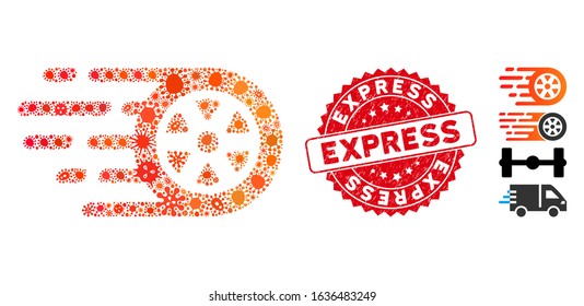 Microbe collage bolide car wheel icon and round grunge stamp seal with Express caption. Mosaic vector is formed with bolide car wheel icon and with scattered microbe items.