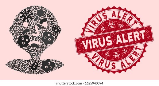 Microbe collage I am bored icon and round distressed stamp seal with Virus Alert phrase. Mosaic vector is created with I am bored icon and with random microbe cell symbols.