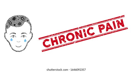 Microbe collage crying man face icon and red Chronic Pain stamp between double parallel lines. Mosaic vector is designed with crying man face icon and with scattered microbe objects.