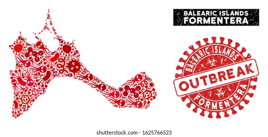 Microbe collage Formentera Island map and red grunge stamp watermark with OUTBREAK message. Formentera Island map collage created with random bacillus icons.