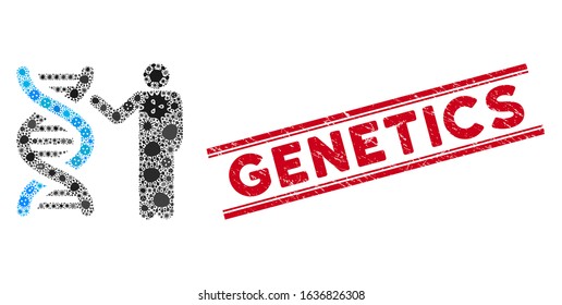 Microbe collage genetics report icon and red Genetics seal stamp between double parallel lines. Mosaic vector is designed with genetics report icon and with randomized viral items.