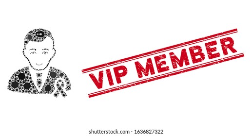 Microbe collage gentleman with mourning ribbon icon and red Vip Member seal stamp between double parallel lines.