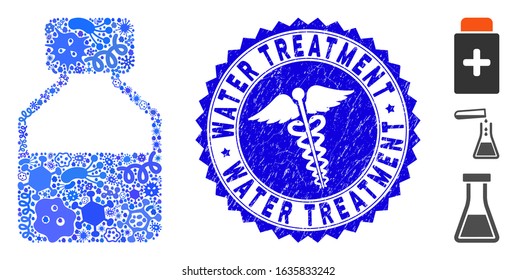 Microbe collage liquid bottle icon and round grunge stamp seal with Water Treatment phrase and medic symbol. Mosaic vector is formed with liquid bottle icon and with random pathogen objects.