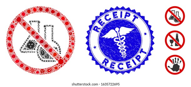 Microbe collage no chemicals icon and round corroded stamp seal with Receipt text and medical symbol. Mosaic vector is designed with no chemicals pictogram and with randomized contagious objects.