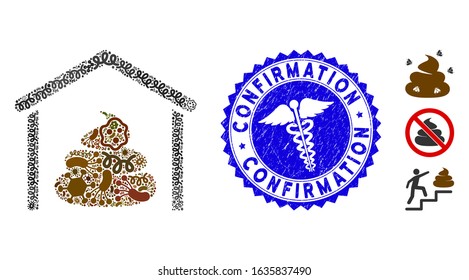 Microbe collage shit storage hangar icon and round grunge stamp seal with Confirmation caption and clinic symbol.