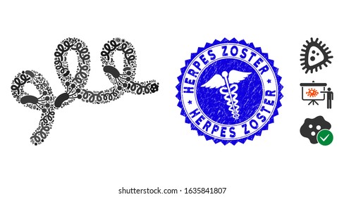 Microbe Collage Spiral Bacillus Icon And Rounded Distressed Stamp Seal With Herpes Zoster Caption And Medicine Icon.