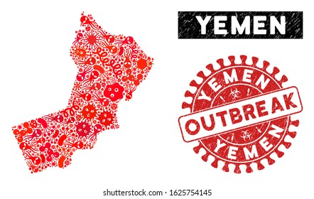 Microbe collage Yemen map and red grunge stamp seal with OUTBREAK message. Yemen map collage created with scattered bacterium symbols. Red rounded OUTBREAK watermark with grunge texture.
