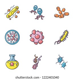 Microbe danger icons set. Cartoon set of 9 microbe danger vector icons for web isolated on white background