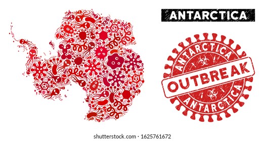 Microbe mosaic Antarctica map and red grunge stamp seal with OUTBREAK caption. Antarctica map collage constructed with scattered microbe cell elements.