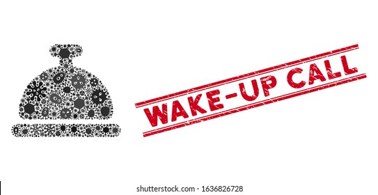 Microbe mosaic bell icon and red Wake-Up Call seal stamp between double parallel lines. Mosaic vector is designed with bell icon and with randomized epidemic items. Wake-Up Call stamp uses red color,