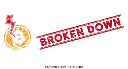 Microbe mosaic Bitcoin crash lightning icon and red Broken Down rubber print between double parallel lines. Mosaic vector is designed from Bitcoin crash lightning icon and with random microbe objects.