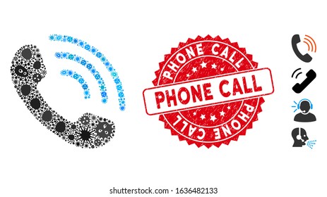 Microbe mosaic call ring icon and round corroded stamp seal with Phone Call caption. Mosaic vector is formed with call ring icon and with randomized epidemic icons.