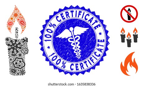 Microbe mosaic candle icon and round corroded stamp seal with 100% Certificate text and doctor sign. Mosaic vector is created with candle icon and with randomized microbe symbols.