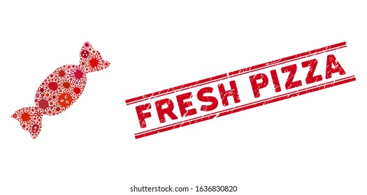 Microbe mosaic candy icon and red Fresh Pizza seal stamp between double parallel lines. Mosaic vector is formed with candy pictogram and with randomized pandemic icons.