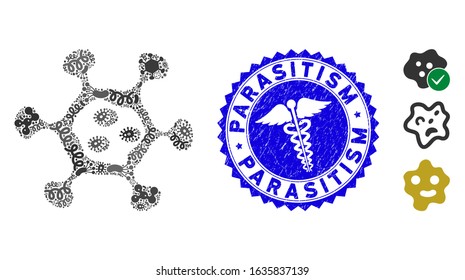 Microbe mosaic microbe cell icon and round grunge stamp watermark with Parasitism text and clinic icon. Mosaic vector is composed with microbe cell icon and with scattered infectious symbols.
