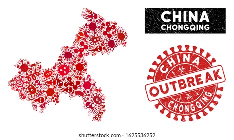 Microbe mosaic Chongqing City map and red grunge stamp watermark with OUTBREAK text. Chongqing City map collage formed with random microbe elements. Red round OUTBREAK stamp with scratched texture.