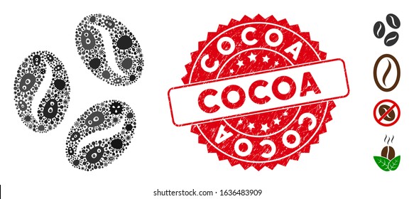 Microbe mosaic cocoa beans icon and round grunge stamp seal with Cocoa phrase. Mosaic vector is created from cocoa beans icon and with scattered contagion objects. Cocoa stamp seal uses red color,