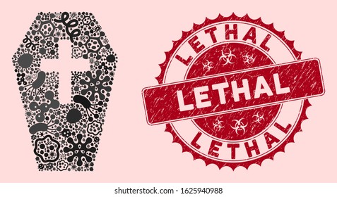 Microbe mosaic coffin icon and rounded grunge stamp seal with Lethal text. Mosaic vector is created with coffin icon and with scattered infectious items. Lethal stamp seal uses red color,