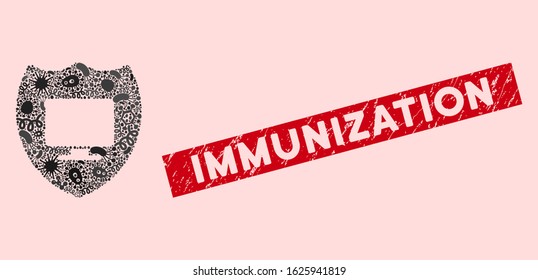 Microbe mosaic computer insurance icon and rectangle distressed stamp watermark with Immunization phrase. Mosaic vector is formed with computer insurance icon and with random pathogen icons.