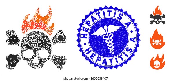 Microbe mosaic death fire icon and rounded grunge stamp seal with Hepatitis A text and medical sign. Mosaic vector is designed with death fire icon and with random microorganism symbols.