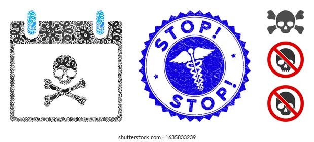 Microbe mosaic death skull calendar day icon and rounded rubber stamp seal with Stop! phrase and healthcare icon.