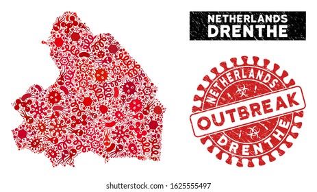 Microbe mosaic Drenthe Province map and red corroded stamp watermark with OUTBREAK caption. Drenthe Province map collage created with randomized infection elements.