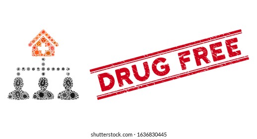 Microbe mosaic drugstore clients icon and red Drug Free stamp between double parallel lines. Mosaic vector is designed with drugstore clients icon and with scattered contagious items.