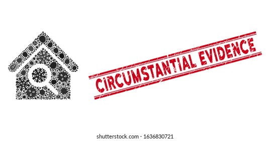 Microbe mosaic find building icon and red Circumstantial Evidence stamp between double parallel lines. Mosaic vector is designed with find building icon and with scattered bacillus items.