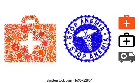 Microbe mosaic first aid icon and rounded corroded stamp seal with Stop Anemia phrase and medic symbol. Mosaic vector is formed with first aid icon and with scattered contagion objects.