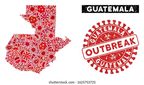 Microbe mosaic Guatemala map and red rubber stamp watermark with OUTBREAK caption. Guatemala map collage formed with random microbe cell icons. Red round OUTBREAK stamp with scratched texture.