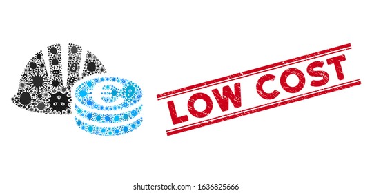 Microbe mosaic helmet and Euro coins icon and red Low Cost seal stamp between double parallel lines. Mosaic vector is created from helmet and Euro coins icon and with random amoeba objects.