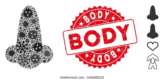 Microbe mosaic human nose icon and rounded rubber stamp seal with Body phrase. Mosaic vector is formed from human nose pictogram and with scattered microbe cell items. Body seal uses red color,