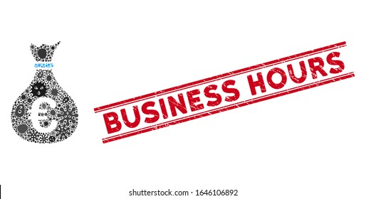 Microbe mosaic invest icon and red Business Hours seal between double parallel lines. Mosaic vector is formed with invest pictogram and with scattered microorganism icons.