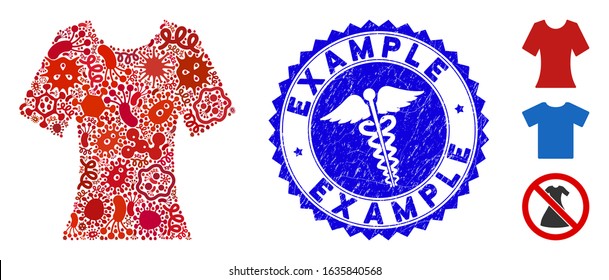 Microbe mosaic lady T-shirt icon and rounded distressed stamp watermark with Example text and medicine icon. Mosaic vector is composed with lady T-shirt icon and with randomized bacteria items.