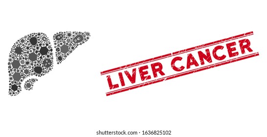 Microbe mosaic liver icon and red Liver Cancer seal between double parallel lines. Mosaic vector is formed with liver icon and with scattered microbe cell items. Liver Cancer seal uses red color,