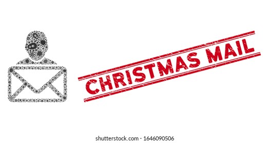 Microbe mosaic mail recipient icon and red Christmas Mail seal stamp between double parallel lines. Mosaic vector is designed with mail recipient icon and with scattered pathogen symbols.