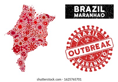 Microbe mosaic Maranhao State map and red corroded stamp watermark with OUTBREAK caption. Maranhao State map collage designed with random pandemic symbols.