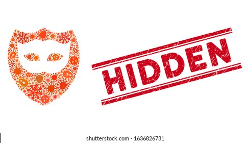 Microbe mosaic mask shield icon and red Hidden seal stamp between double parallel lines. Mosaic vector is created with mask shield icon and with scattered bacterium objects.