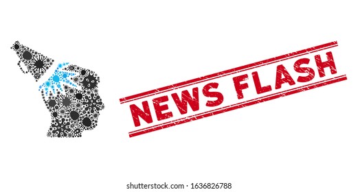 Microbe mosaic megaphone impact head icon and red News Flash seal stamp between double parallel lines.