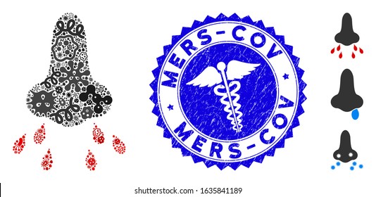 Microbe mosaic nose infection icon and rounded distressed stamp seal with Mers-Cov text and medical icon. Mosaic vector is composed with nose infection pictogram and with scattered pandemic items.