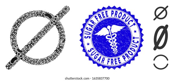 Microbe mosaic nothing icon and rounded corroded stamp seal with Sugar Free Product caption and healthcare symbol. Mosaic vector is formed with nothing pictogram and with scattered amoeba icons.