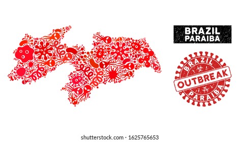 Microbe mosaic Paraiba State map and red grunge stamp seal with OUTBREAK caption. Paraiba State map collage formed with random microbe elements. Red round OUTBREAK seal with grunge texture.